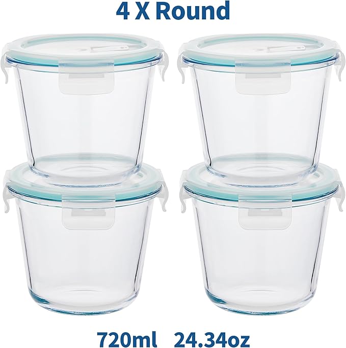 8 PCS Glass Meal Prep Containers with Lids, Airtight 3 Cup Glass Storage Containers Set, Round Deep Soup Containers with Lids for Leftover, Microwave, Dishwasher, and Freezer Safe(4 Sets)