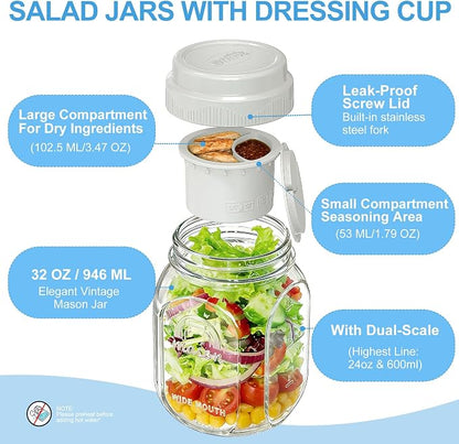 [UPGRADE] 1 Pack Glass Salad Jar with Silicone Divider Container for Meal Prep, Airtight Container for Lunch w Fork, Divider Separation for Dressing & Dry Ingredients, 32oz Overnight Oats Mason Jars