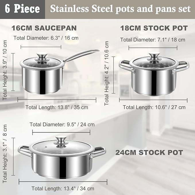Stainless Steel pots and pans set, 6 Piece Nonstick Induction Kitchen Cookware Set, Works with Induction/Electric and Gas Cooktops, Nonstick, Oven Safe, Camping Cookware
