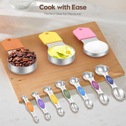 Magnetic Measuring Cups and Spoons Set – 304 Stainless Steel | Dual-sided Design | 15-Piece with Leveler | N52 Space-Saving Magnetic Nesting | Baking & Meal Prep | Kitchen Gift (Colorful)