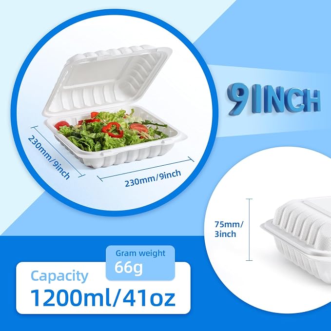 YANGRUI Food Containers 9 Inch 41 oz 100 Pack - Shrink Wrapped No Pre-Wash | Mineral Filled BPA Free PP Plastic | Reusable Heavy Duty Freezer & Microwave Safe | Stackable Design Takeout Container
