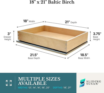 SlidingSusan 9 Ply Baltic Birch Pull Out Cabinet Drawer Organizer 18 Inch Wide x 21 Inch Deep Soft Close Sliding Shelf for Kitchen Cabinets, Pantry & Storage Areas, Heavy Duty Wooden Pullout Inserts