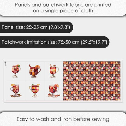 Patchwork Mulled Wine Cotton Fabric Panel – 6 Designs (10×10 inch Each) + Bonus Sheet 29.5×19.6 inch, 100% Cotton 140 GSM, Made in Türkiye