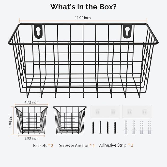 MaraFansie Hanging Kitchen Baskets Wire Storage Basket Adhesive and Screws Basket Over the Cabinet Door Organizer with Adhesive Strips and Screws Accessories, 2 Installations, 2 Pack