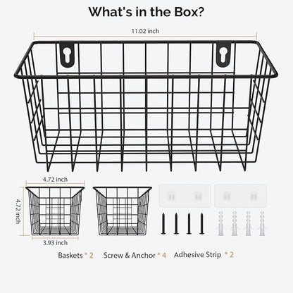MaraFansie Hanging Kitchen Baskets Wire Storage Basket Adhesive and Screws Basket Over the Cabinet Door Organizer with Adhesive Strips and Screws Accessories, 2 Installations, 2 Pack