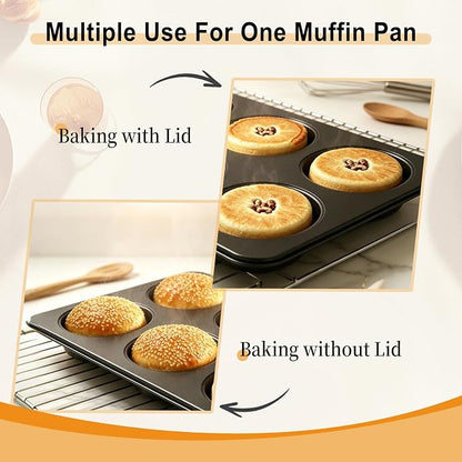 2 Pcs Muffin Top Pan with Lid, 3.6 Inch Non-Stick 6 Cup Straight Muffin Pan Cupcake Pan, Hamburger Bun Pan for Baking Egg Sandwich Frittata Cinnamon Roll