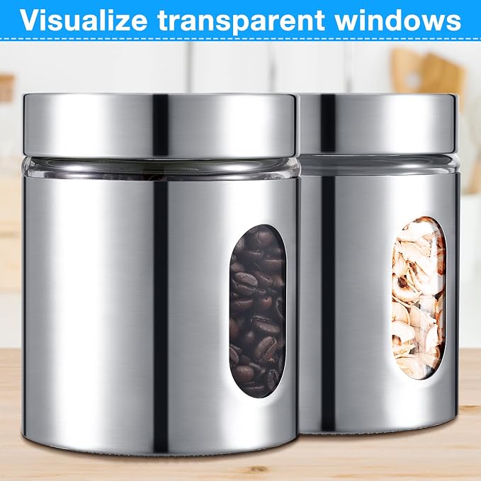Mimorou 3 Pcs Stainless Steel Canister Set with Glass Windows Visible Storage Jars Silver Kitchen Canister Set for Pasta Flour Oat Sugar Container, Kitchen Tools, Housewarming Gifts (20 oz)
