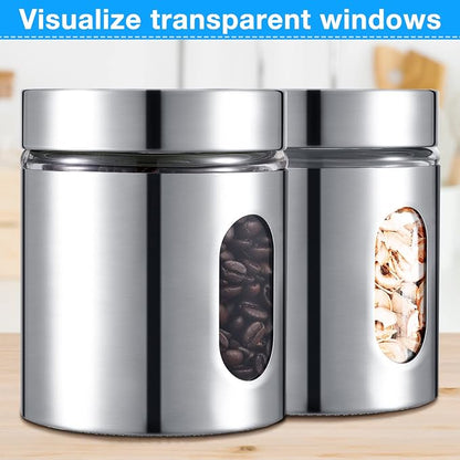 Mimorou 3 Pcs Stainless Steel Canister Set with Glass Windows Visible Storage Jars Silver Kitchen Canister Set for Pasta Flour Oat Sugar Container, Kitchen Tools, Housewarming Gifts (20 oz)