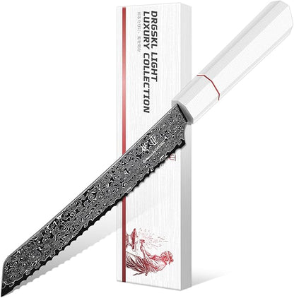 DRGSKL Damascus Serrated Bread Knife - VG10 Serrated Knife for Homemade Bread - Japanese G10 Handle - Slicer Knives with Wide Wavy Edge for Sourdough Baguette - with Gift Box