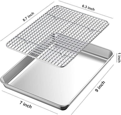 Baking Supplies, Baking Sheet & Rack Set [2 Sheets + 2 Racks], Baking Tray, Stainless Steel Cookie Pan with Cooling Rack, Non Toxic & Heavy Duty & Easy Clean (9 x 7 x 1 inch)