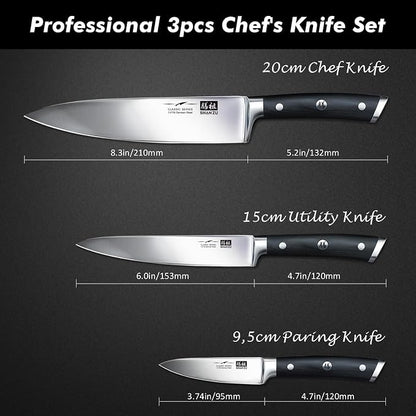 SHAN ZU Kitchen Knife Sets 3pcs, Professional German 5Cr15MoV Stainless Steel, High Carbon Steel Knives Sets, Ultra Sharp Ergonomic Wood Handle & Full Tang Design, Gift Box Included