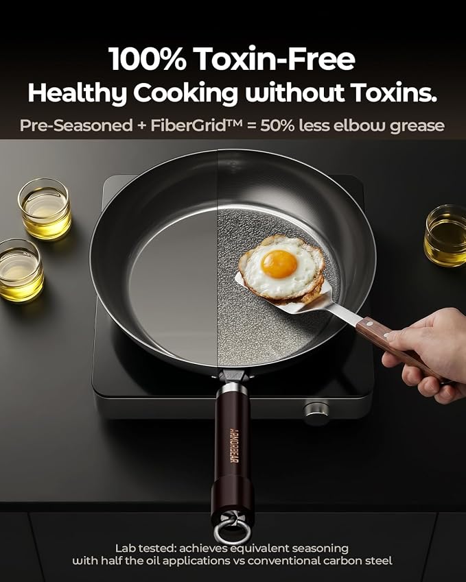 2-Piece Auto-Seasoning Carbon Steel Pan Set 10 & 12 Inch, Deep Nitrided Skillets Professional Cookware Bundle, Pre-seasoned, Wooden Handle, PFAS & PFOA-Free
