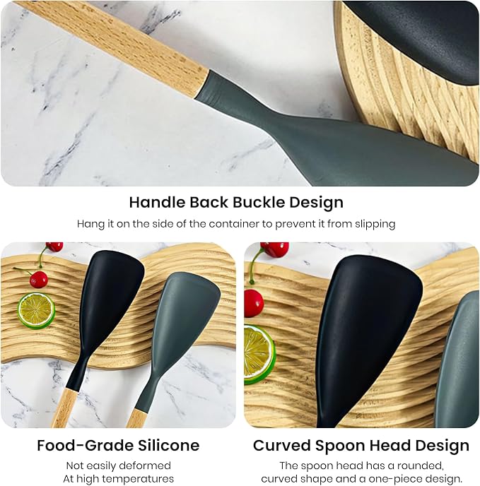 Silicone Spatula Spoon Wood Handle BPA-Free Nonstick Safe - Cooking Spoons, Cooking Spoon, Silicone Cooking Spoons, Spoon Spatula Mixing Scooping Scraping (Black & Grey) 12.6 Inch