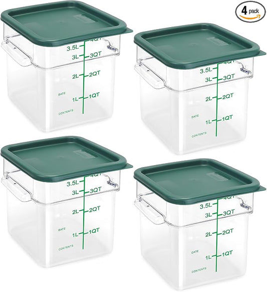 4 Pack Food Storage Containers with Green Lids, 4.0 Qt - Square, Clear, Polycarbonate, for Restaurant Commercial Kitchen and Home party