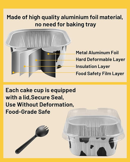 50 Pack 5oz Square Mini Cake Pans with Lids and Spoons,Aluminum Foil Baking Cups,Disposable Mini Loaf Pans Ramekins for Brownie, Cheesecake, Mousse & Wedding Party Favors-Cowprint