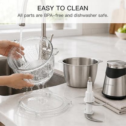 MEGAWISE Electric Food Chopper 800W, Dual-Speed Meat Grinder with1.2L 304# Stainless Steel Bowl & 2.2L Glass Bowl, BPA-Free Food Processor for Meat, Vegetables, and Nuts