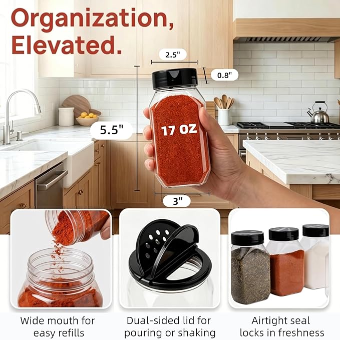 Dicunoy 16 Pack 17 OZ Plastic Spice Containers, Large Seasoning Jars with Shaker Lids, Reusable Empty Storage Bottle for Kitchen Storing Spice, Powders