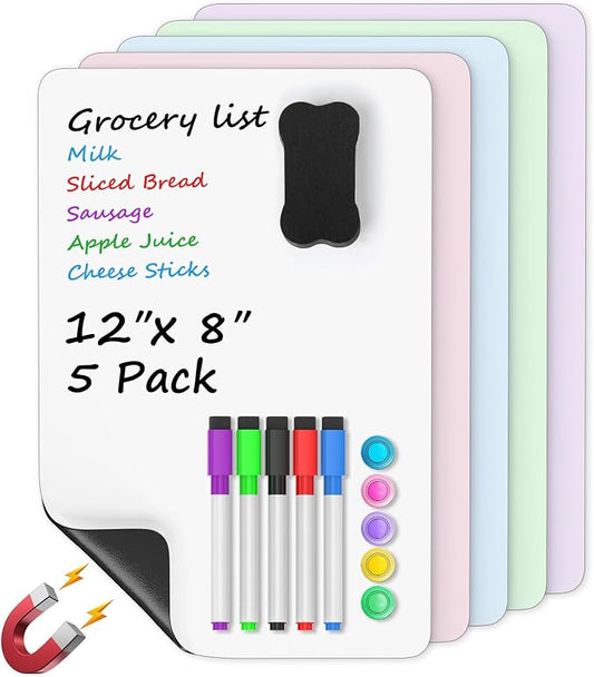 MaxGear 5 Pack Multicolor Fridge Whiteboard Magnetic, 12 x 8 Inch Dry Erase Board for Refrigerator, Reusable Kitchen Organizer, Colorful Planning Board, Includes 5 Markers, 5 Magnets and 1 Erase