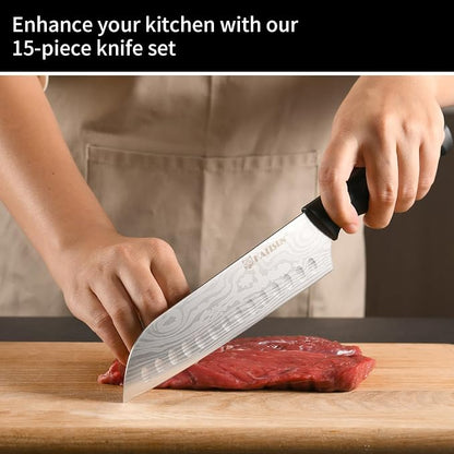Damascus Pattern 15-Piece Kitchen Knife Set with Block, High Carbon Steel Chef Knife, Includes Sharpener and Scissors, Ergonomic Black Anti-Slip Handle and Red Trim, Perfect for Professionals