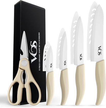 Vos ceramic knives set for kitchen in gift box, 5 ceramic knife with cover with scissors, 3" 4" 5" 6" ultra sharp knives for home cooks, lightweight, rust-free, dishwasher safe (Off-white handle)