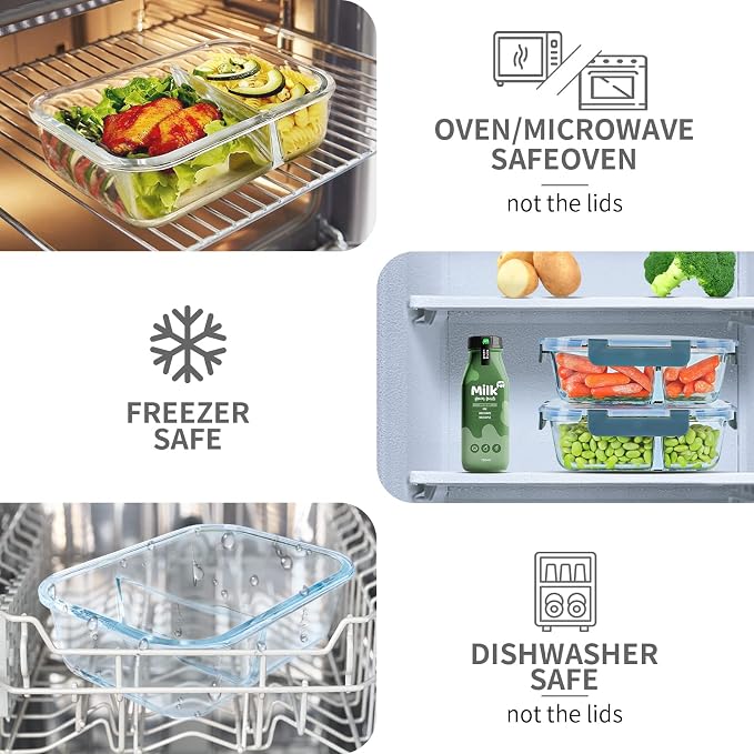 KOMUEE 10 Packs 30 oz Glass Meal Prep Continers Set with 1 & 2 Compartments, Glass Food Storage Containers with Lids, Freezer, Oven and Microwave Friendly