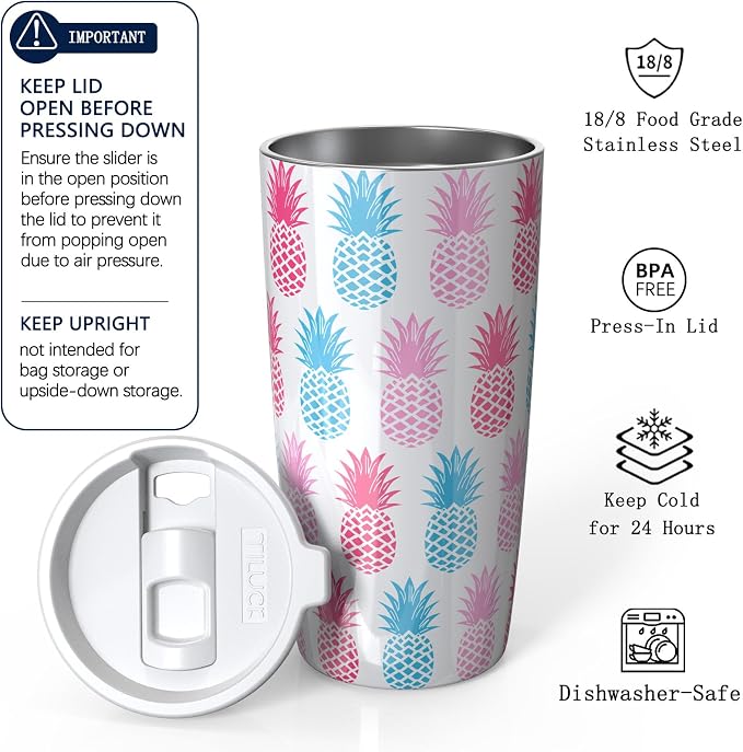 TILUCK 20 oz Insulated Tumbler with BPA-Free Lid, Stainless Steel Vacuum Travel Coffee Mug, Double Wall Coffee Tumbler（20oz，Pineapple）
