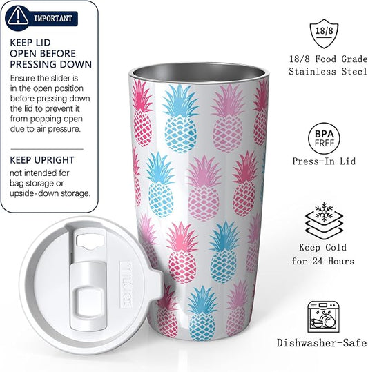TILUCK 20 oz Insulated Tumbler with BPA-Free Lid, Stainless Steel Vacuum Travel Coffee Mug, Double Wall Coffee Tumbler（20oz，Pineapple）