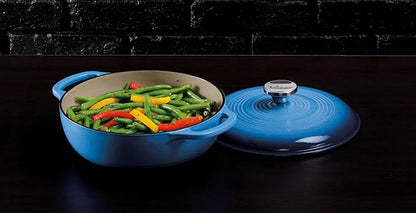 Lodge 3 Quart Enameled Cast Iron Dutch Oven with Lid – Dual Handles – Oven Safe up to 500° F or on Stovetop - Use to Marinate, Cook, Bake, Refrigerate and Serve – Caribbean Blue