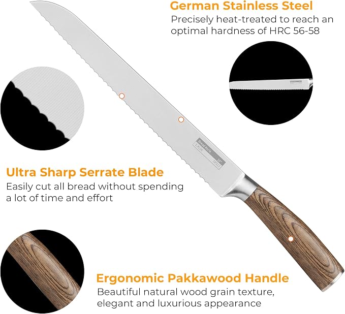 ZHANG XIAO QUAN Serrated Bread Knife 10", German Stainless Steel Bread Knife, Sourdough Cutter for Slicing Homemade Bagels & Cake