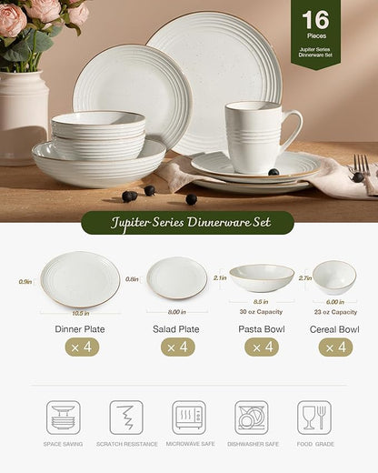 Famiware Jupiter 16-Piece Stoneware Dinnerware Set for 4 - Includes Pasta Bowl & Dinner Plate, Handcrafted Dishes with Speckles & Embossed Swirls, Chip & Scratch Resistant, Daily & Formal Use, White