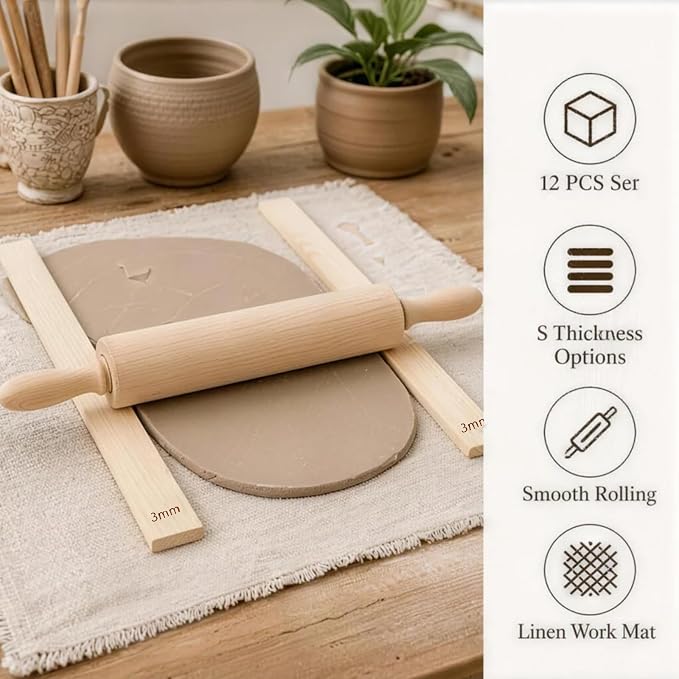 12 PCS Pottery Tools Set, Wooden Clay Rolling Pin with 10 Rolling Pin Guides & Linen Mat, Slab Roller for Clay Pottery
