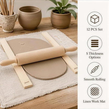 12 PCS Pottery Tools Set, Wooden Clay Rolling Pin with 10 Rolling Pin Guides & Linen Mat, Slab Roller for Clay Pottery