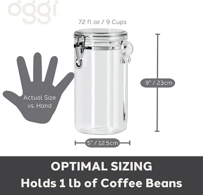 Oggi Clear Canister Airtight 72oz - Clamp Lid & Spoon - Airtight Food Storage Container, for Kitchen & Pantry Storage of Bulk, Dry Foods, Pasta, Flour, Sugar, Coffee, Rice, Tea, Spices & Herbs