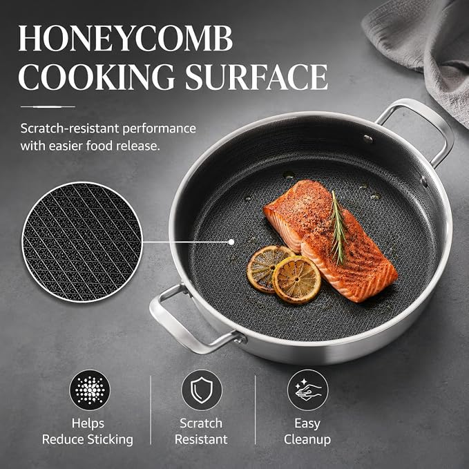 Tri-Ply Stainless Steel 7 Quarts Saute Pan, 12 Inch Nonstick Skillet with lids, Fast even Heat cookware, Hybird Large Frying Pan, 18/10 Chef's Cooking Pan, Induction Pan, Dishwasher and Oven Safe