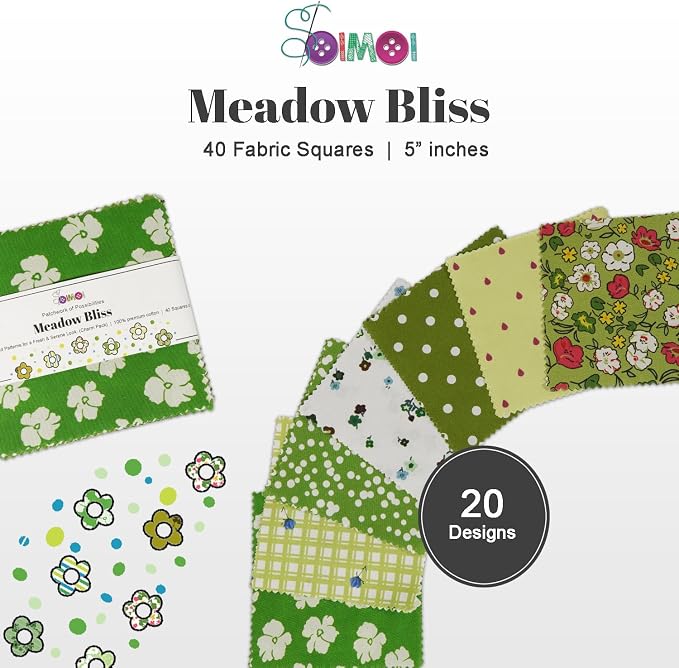 Soimoi 40 Pcs Cotton Fabric Squares Bundles Charm Packs for Quilting, Fat Quarter Layer Cakes, Precuts Quilt Squares 5 x 5 inches, DIY Fabric Bundle - Meadow Bliss