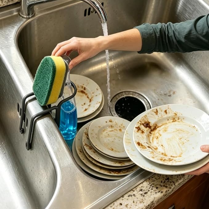 2 Packs Kitchen Sink Brush Holder, Rustproof Waterproof Dish Wand Holder, Sink Scrubber Caddy,Cover with rubber,Hanging Sponge Brush Dish Cloth Storage Rack, No Drilling One-Step Installation