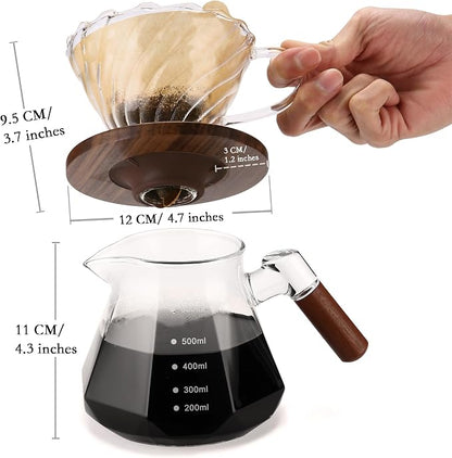 Lalord Pour Over Coffee Maker, 20 oz Borosilicate Glass Set with 100 pcs Paper Filter, Coffee Dripper with Walnut Collar, Coffee Pot with Glass Lid, 1-3 Cups, Clear, (600 ml)