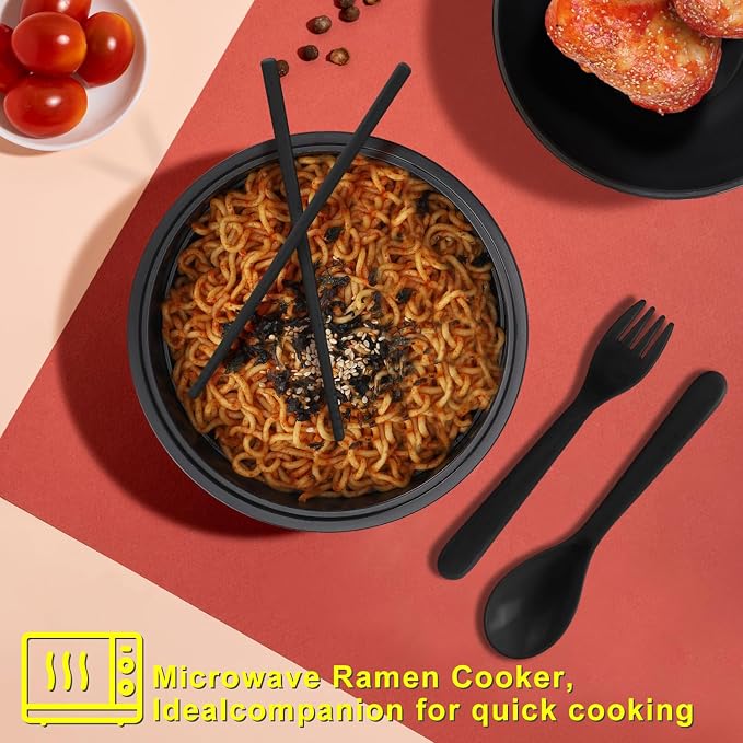 Ramen Bowl Set, Ramen Cooker 33 oz, Ramen Bowls with Chopsticks and Spoon, Microwave Pasta Cooker, College Dorm Essentials for Girls Guys (Black)