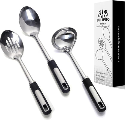 Stainless Steel Cooking Spoons Set – Includes Slotted Spoon, Serving Spoon & Soup Ladle, Heat-Resistant, Dishwasher Safe, Ergonomic Handles for Home & Commercial Use