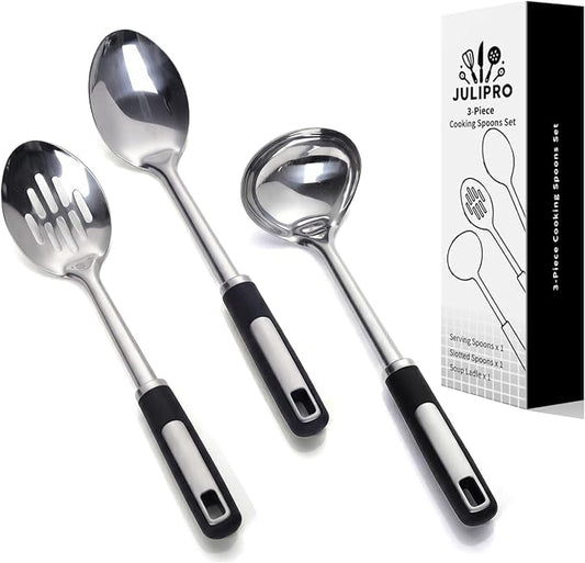 Stainless Steel Cooking Spoons Set – Includes Slotted Spoon, Serving Spoon & Soup Ladle, Heat-Resistant, Dishwasher Safe, Ergonomic Handles for Home & Commercial Use