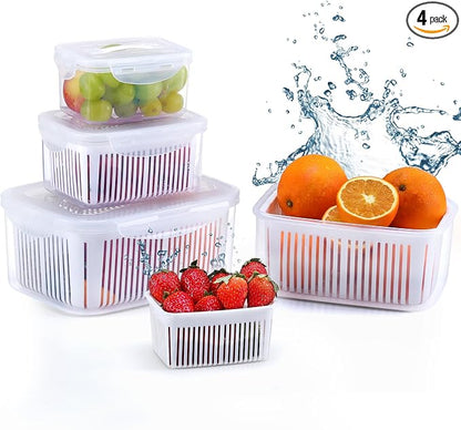 LUXEAR Fruit Vegetable Produce Storage Saver Containers with Lid & Colander 4 Packs BPA-Free Plastic Fresh Keeper Set | Refrigerator Fridge Organizer | for Salad Berry Lettuce Food Meat Fish Celery