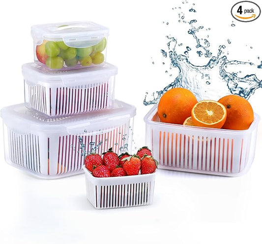 LUXEAR Fruit Vegetable Produce Storage Saver Containers with Lid & Colander 4 Packs BPA-Free Plastic Fresh Keeper Set | Refrigerator Fridge Organizer | for Salad Berry Lettuce Food Meat Fish Celery