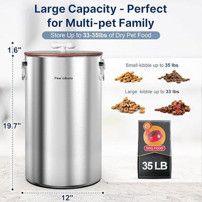 Paw Libero 2PK 35 Lbs total 70Lbs Stainless Steel Dog Food Storage Container with Airtight Wooden Lid & Ceramic Bone Handle, Large Metal Dog Food Bin for Dogs & Cats, Keep Fresh, Easy to Clean