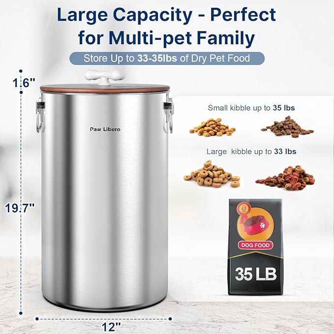 Paw Libero 35 Lbs Stainless Steel Dog Food Storage Container with Airtight Wooden Lid & Ceramic Bone Handle, Large Metal Dog Food Bin, Pet Treat Jars for Dogs & Cats, Keep Fresh, Easy to Clean