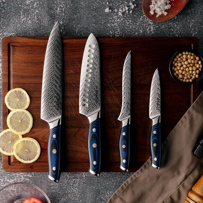 Seido Knives 4-Piece Kanpeki VG10 Damascus Steel Knife Set - Professional Chef Knife Set with Blue Handle - Includes Chef Knife