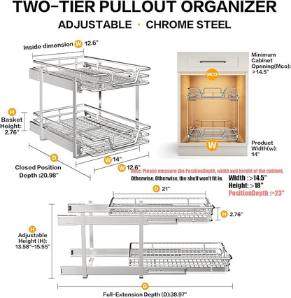 2-Tier Kitchen Cabinet Pull Out Shelf and Drawer Organizer Slide Out Pantry Storaqe Basket in Multiple Sizes (14" W x 21" D)