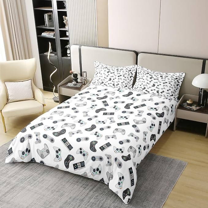 Castle Fairy Teens Gaming 100% Nature Cotton Bedding Set Twin Size Kids Video Game Gamepad Duvet Cover with 1 Pillow Sham Gamer Controller Comforter Cover Set Decorative 2 Pcs