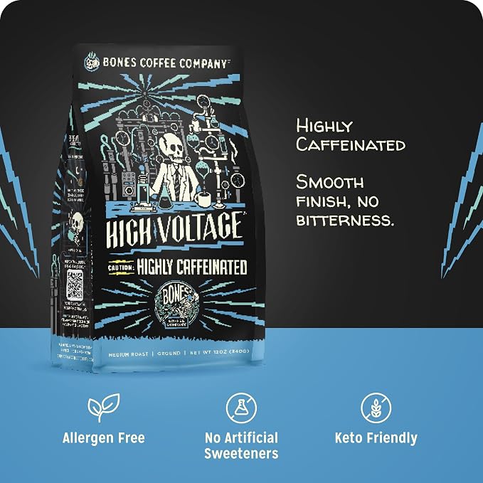 Bones Coffee Company High Voltage, Highly Caffeinated Unflavored Coffee, Medium Roast Low Acid Arabica Beans Compatible with Auto drip and French Press Coffee Maker, 12 Oz Ground