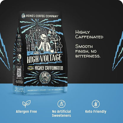Bones Coffee Company High Voltage, Highly Caffeinated Unflavored Coffee, Medium Roast Low Acid Arabica Beans Compatible with Auto drip and French Press Coffee Maker, 12 Oz Ground