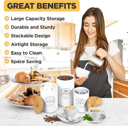 Kito LIVING Canisters Sets for Kitchen Counter Storage and Organization with Wooden Bamboo Lids, Food Pantry Containers, Stackable Steel Storage Bins, Airtight Sugar Tea Coffee Canisters - White